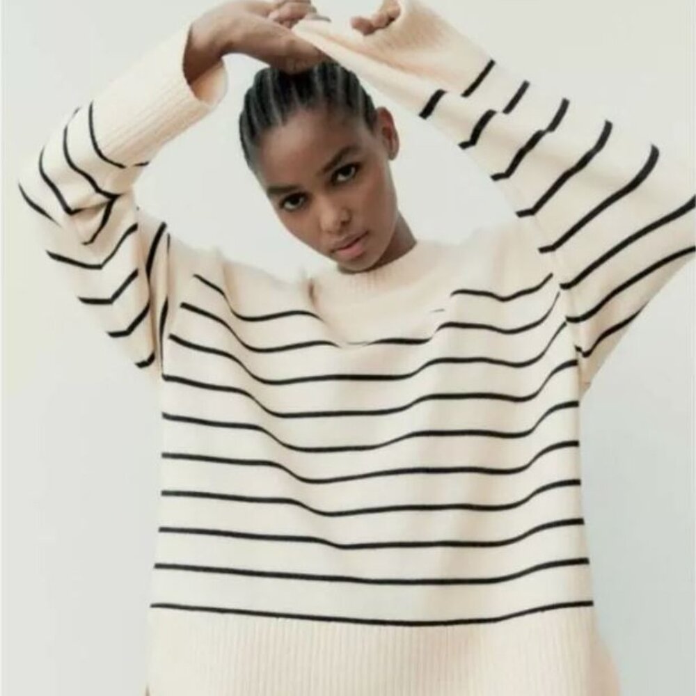 ZARA Striped Sweater Chunky Rib-Knit Pullover Oversized - EUC!